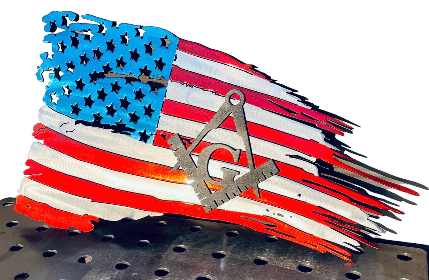 Tattered American Flag with Large Masonic Emblem